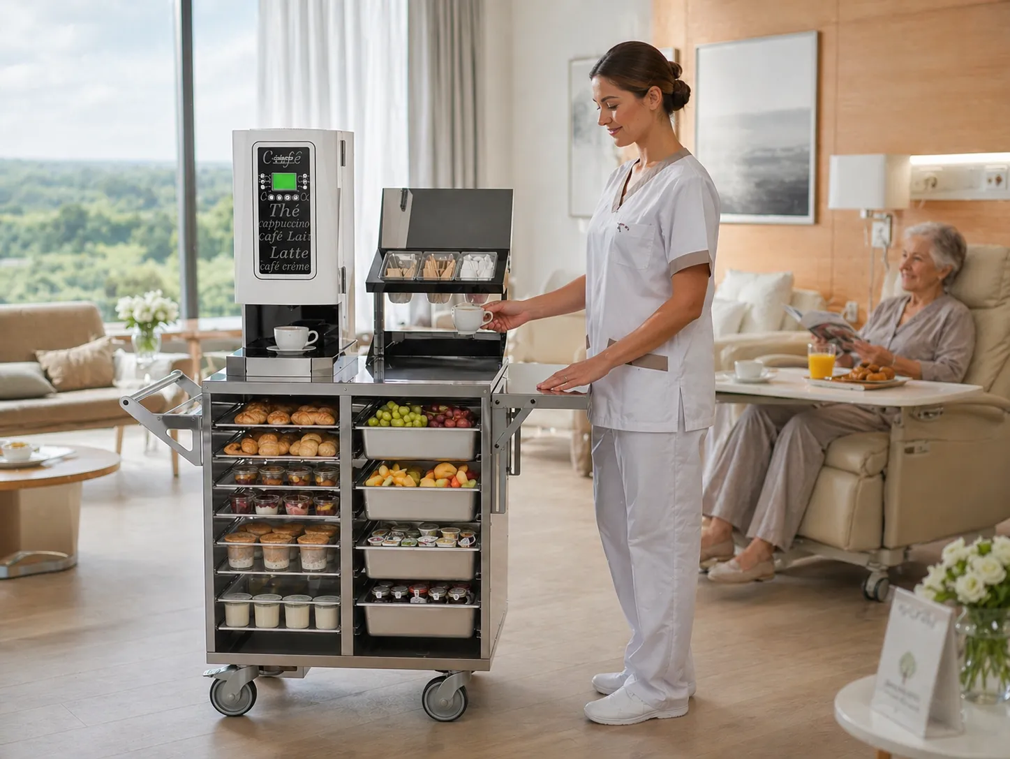 Une soignante sert un café depuis un chariot CaféMotion à une résidente, dans sa chambre